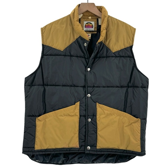 Vintage 70s/80s Men's Puffer Vest Miller Outerwear Black Tan Snap Front | XL - Picture 1 of 8